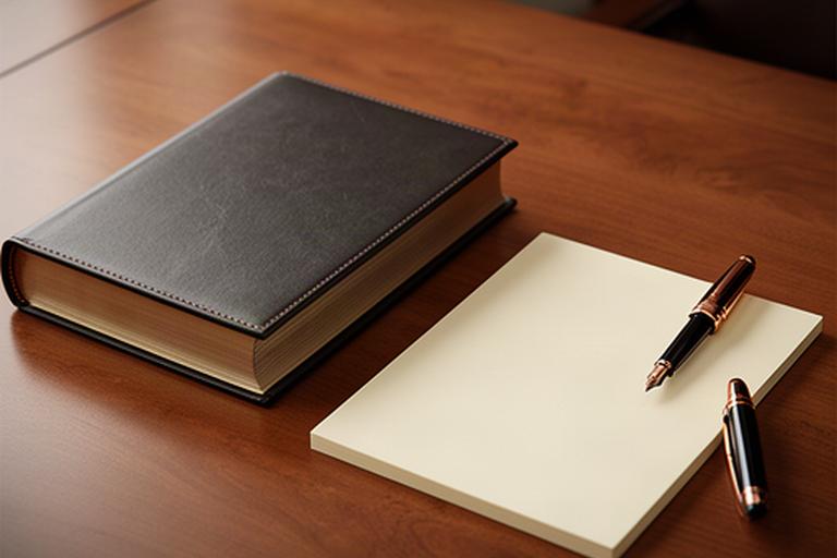 Closed law book beside a notepad and fountain pen on a wood desk in a Maryland law office